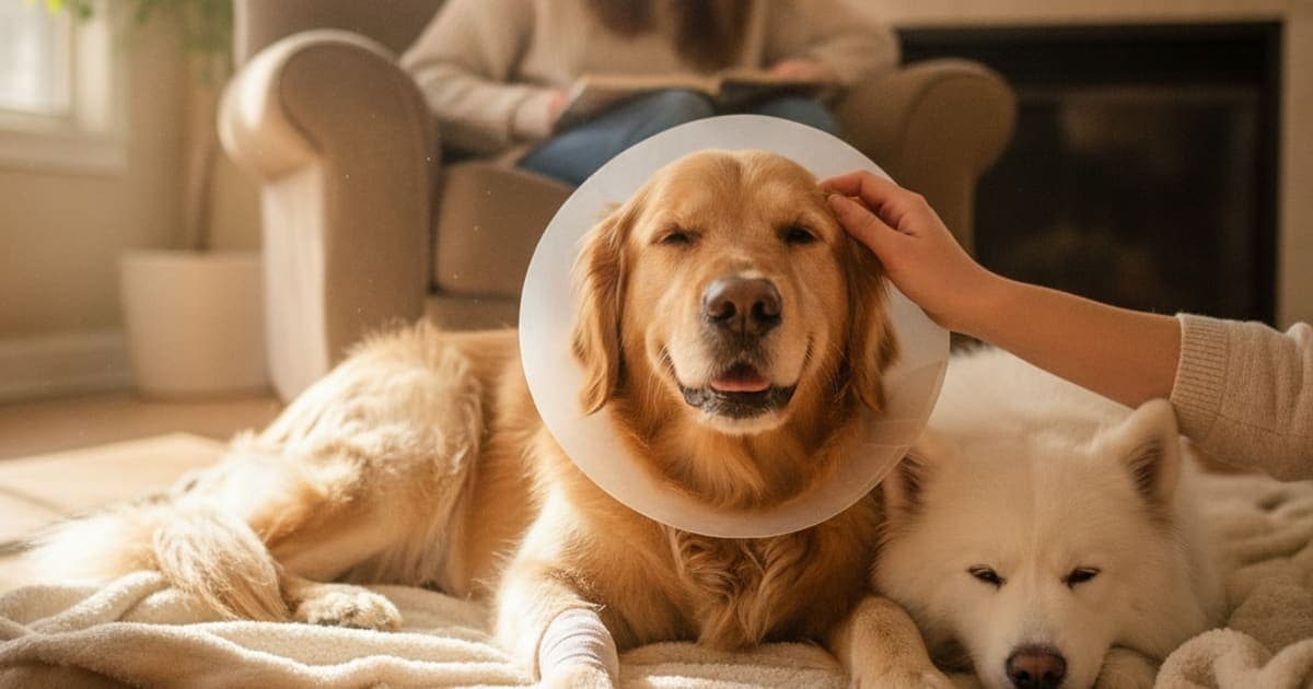 A dog being cared for at home, illustrating is a dog slow recovery after surgery an emergency