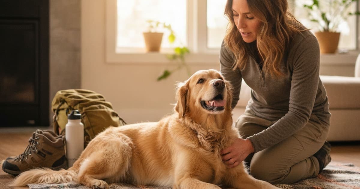 A dog being cared for at home, illustrating is a dog sore after hiking an emergency? (red flags)