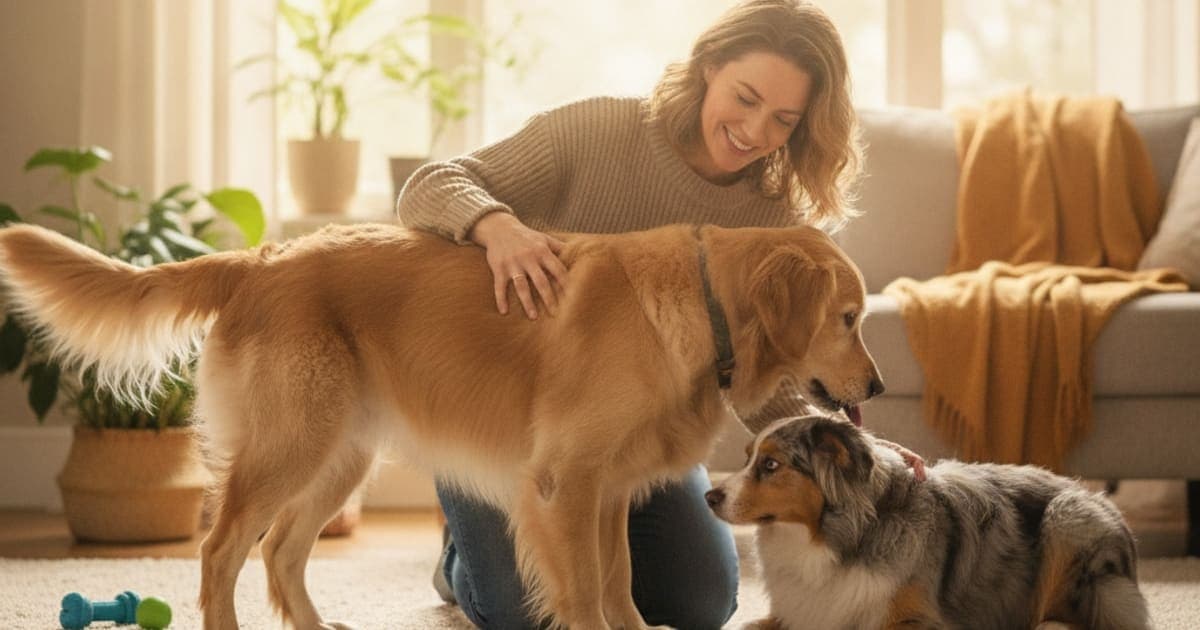 A dog being cared for at home, illustrating is a dog sore after the dog park an emergency? (red flags)