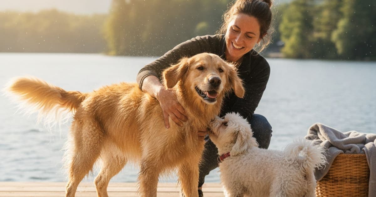 A dog being cared for at home, illustrating is a dog stiff after swimming an emergency? (red flags)