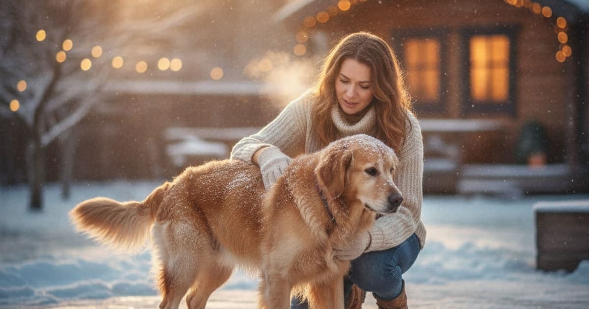 A dog being cared for at home, illustrating is a dog stiff in cold weather an emergency? (red flags)