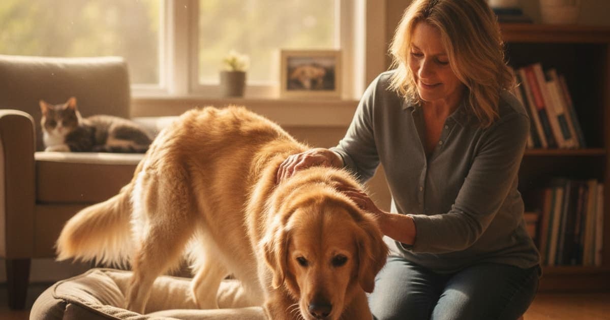 A dog being cared for at home, illustrating is a dog stiff in the morning an emergency? (when to act)