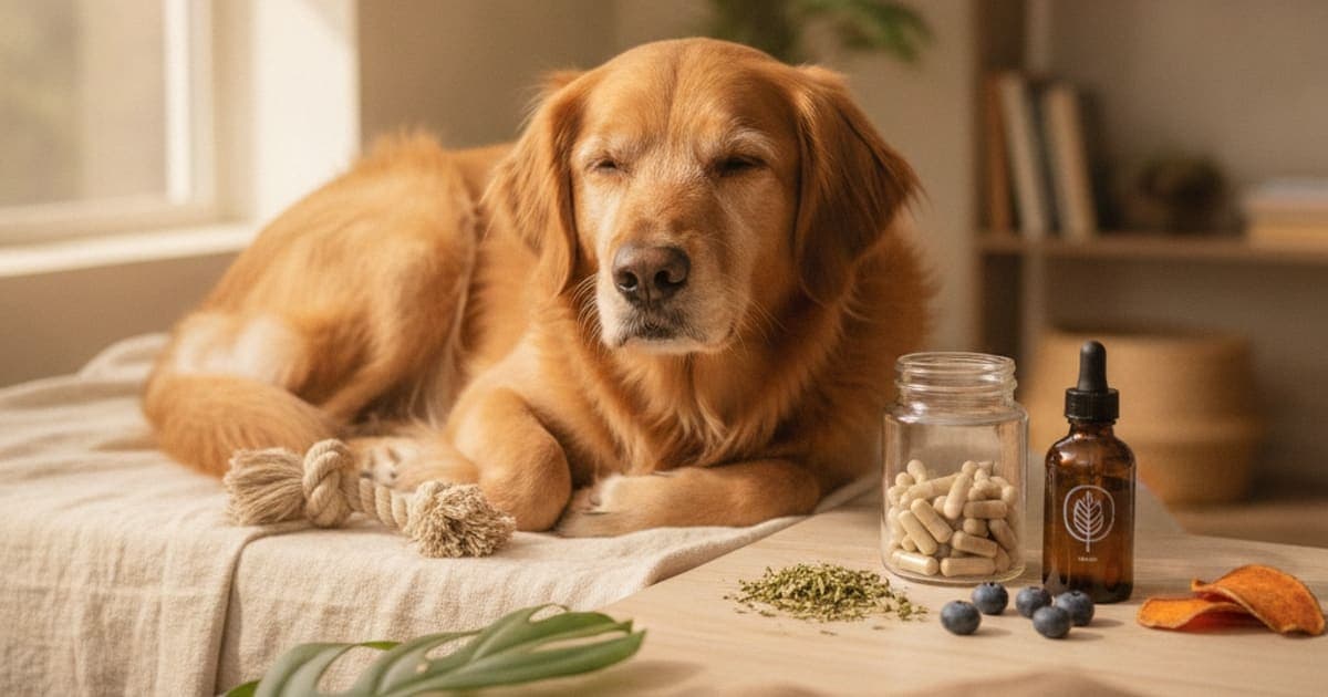 A dog being cared for at home, illustrating is bpc-157 worth it for your dog