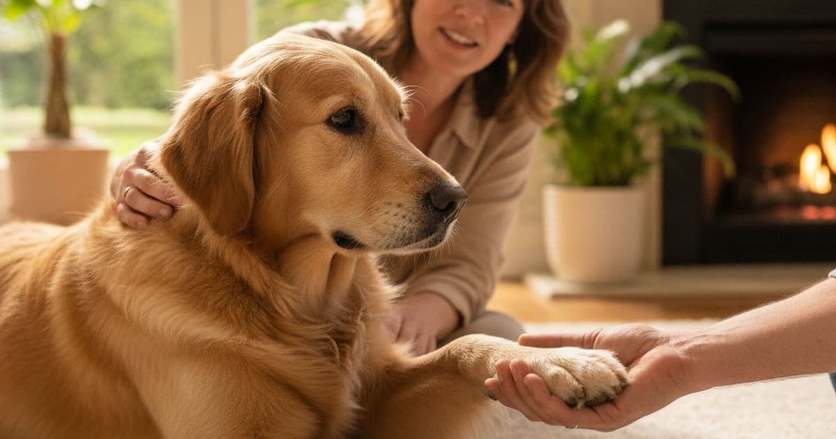 A dog being cared for at home, illustrating is carpal hyperextension in dogs painful? (what to know)