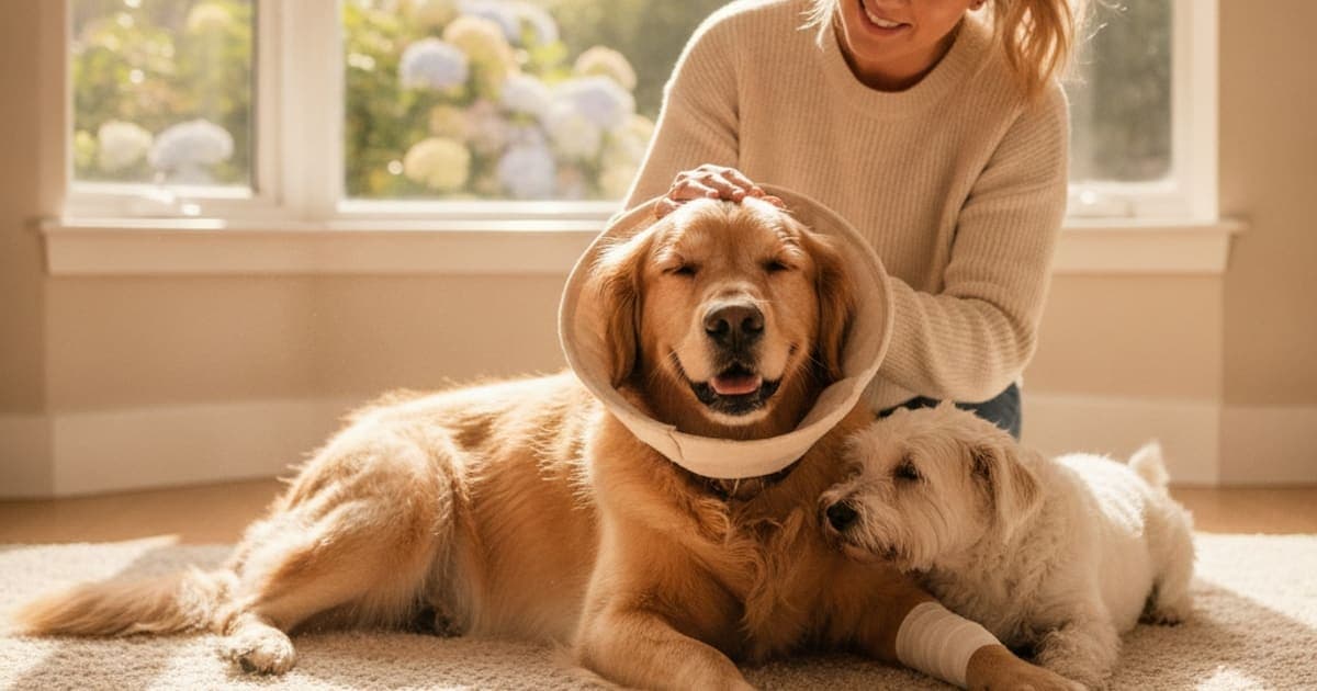 A dog being cared for at home, illustrating is cruciate surgery recovery in dogs painful
