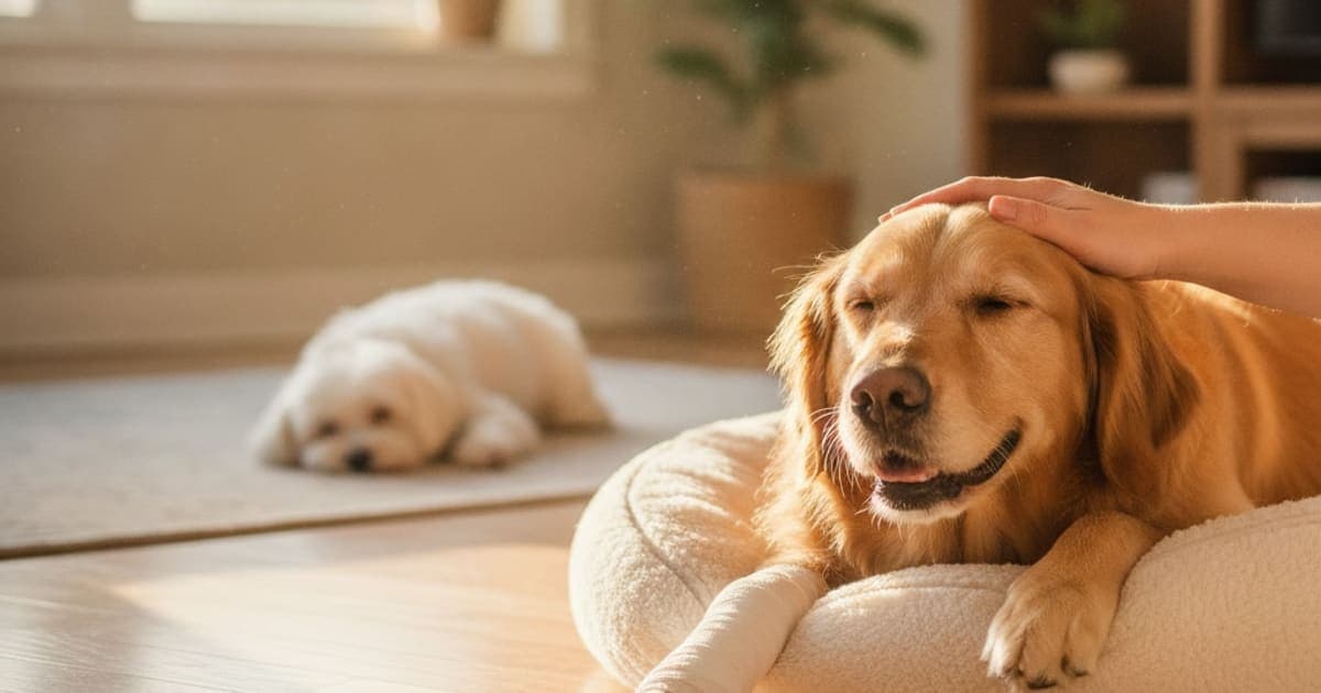 A dog being cared for at home, illustrating is fho surgery recovery in dogs painful? (what to expect)