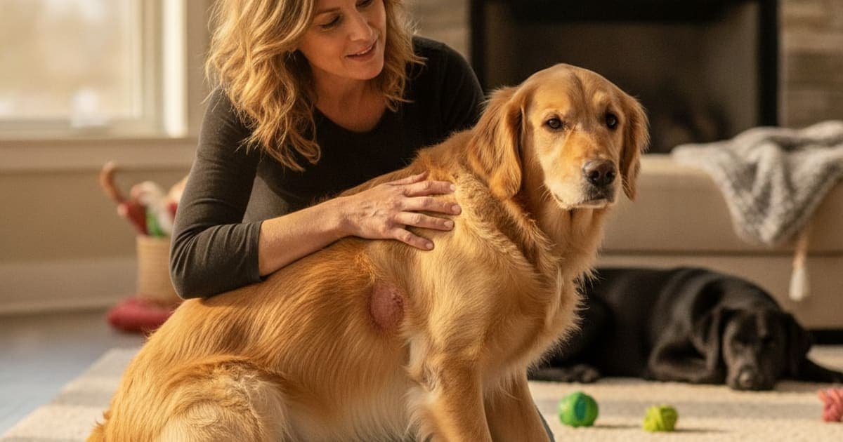 A dog being cared for at home, illustrating are hot spots in dogs painful? (what owners should know)