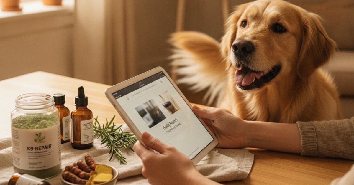 A dog being cared for at home, illustrating is k9-repair third-party tested? how to verify purity
