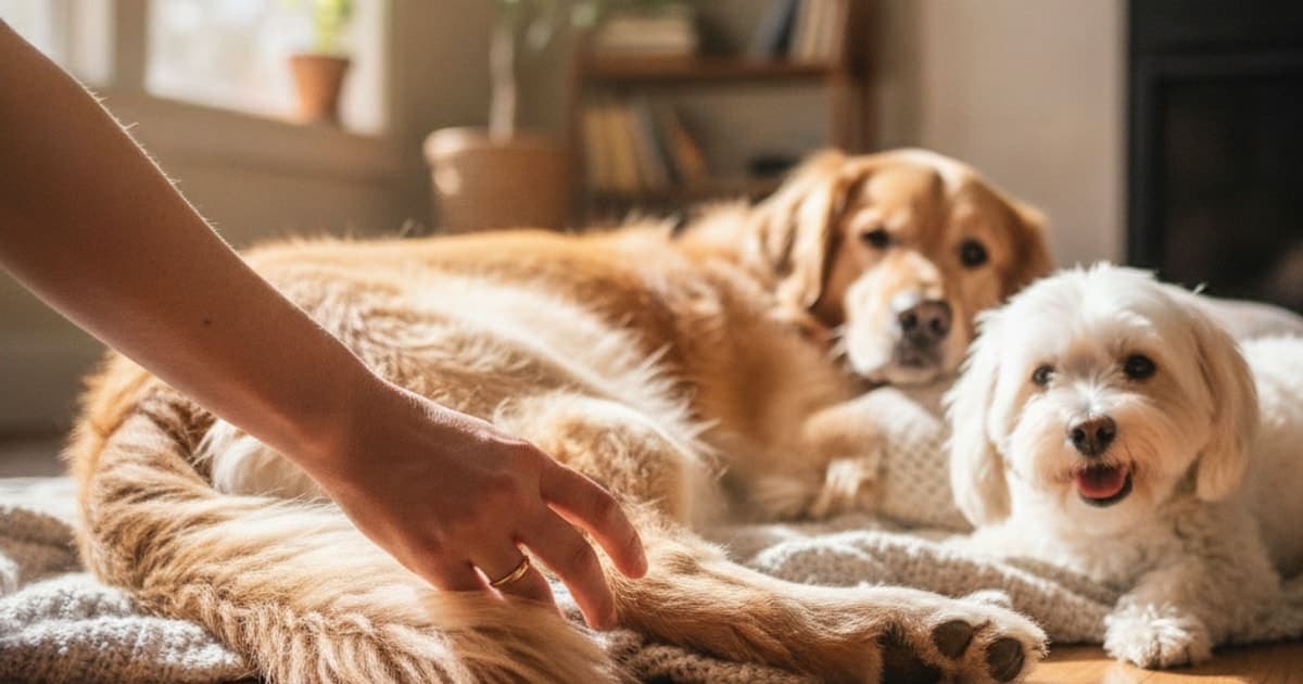 A dog being cared for at home, illustrating is muscle tear in dogs painful? (pain signs explained)
