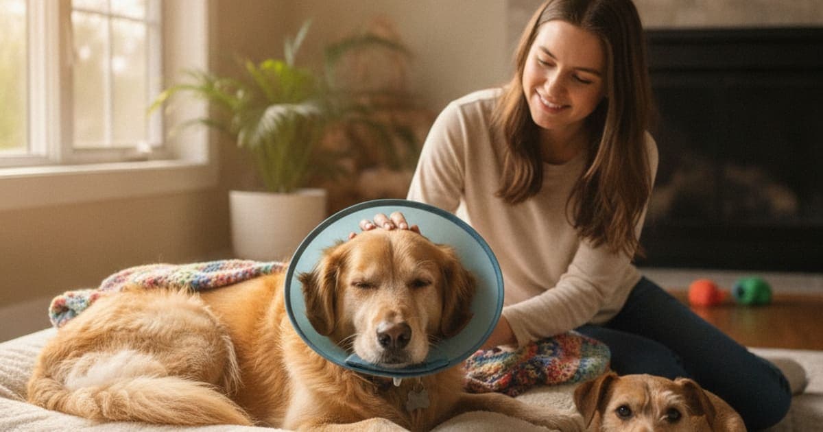 A dog being cared for at home, illustrating is neuter recovery in dogs painful? (what to expect)