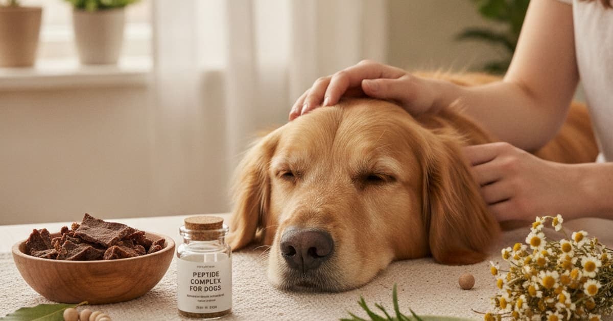 A dog being cared for at home, illustrating are peptides safe for dogs? side effects to know