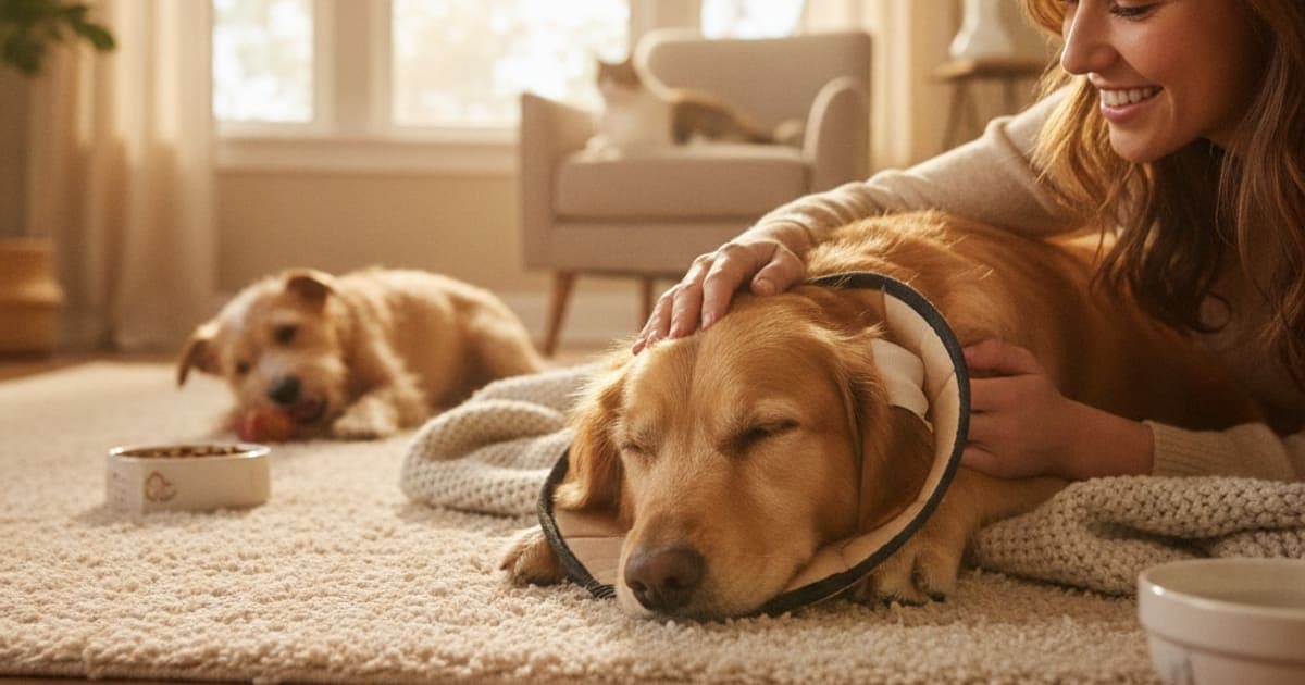 A dog being cared for at home, illustrating is post-surgical recovery in dogs painful? what to expect