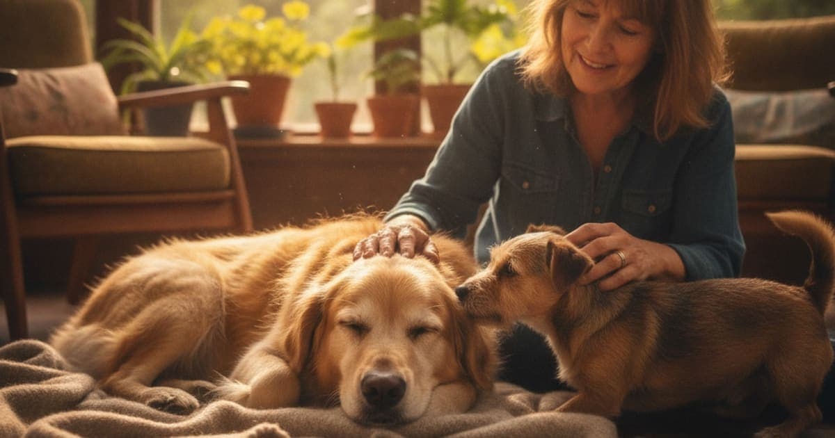 A dog being cared for at home, illustrating is senior dog stiffness in dogs painful? (what it means)