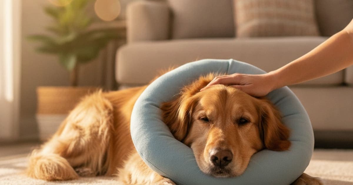 A dog being cared for at home, illustrating is spay recovery in dogs painful? (what to expect)