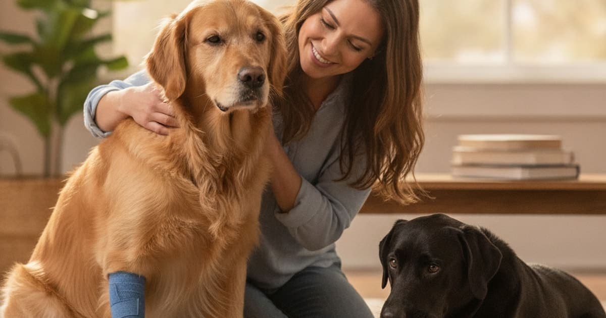 A dog being cared for at home, illustrating is tendon injury in dogs painful? (what owners should know)