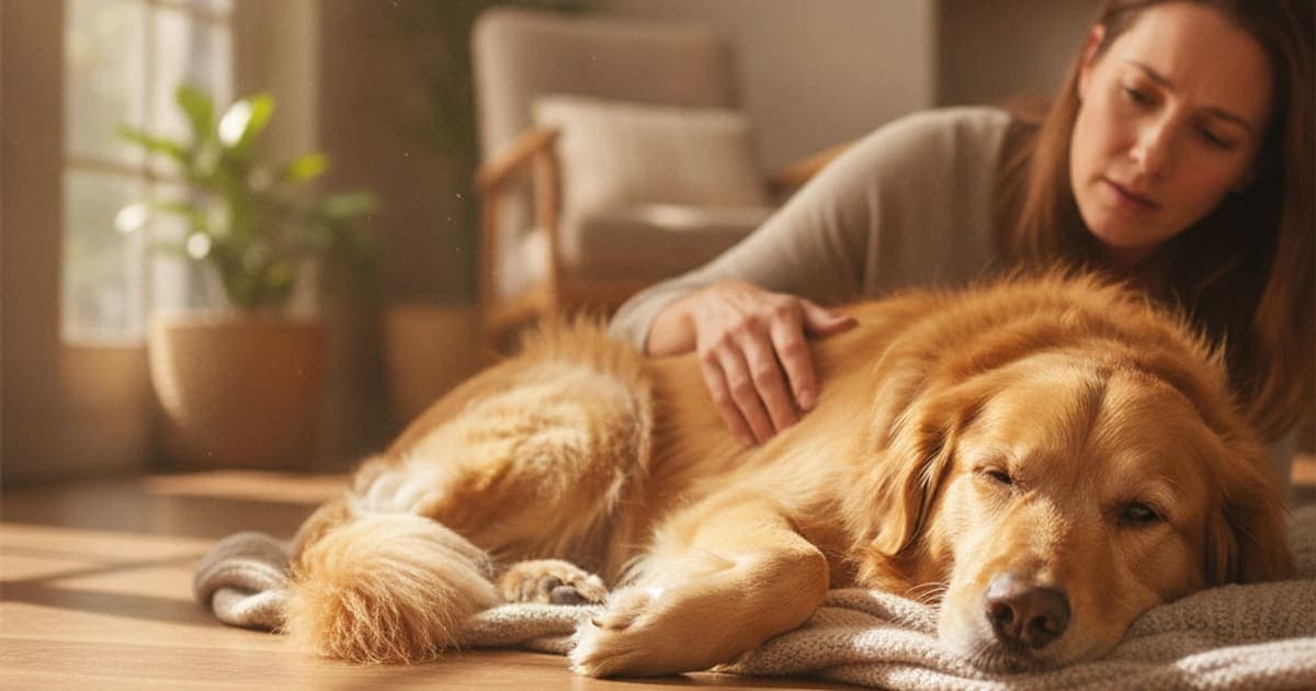 A dog being cared for at home, illustrating is tendonitis in dogs painful? (what the signs tell you)