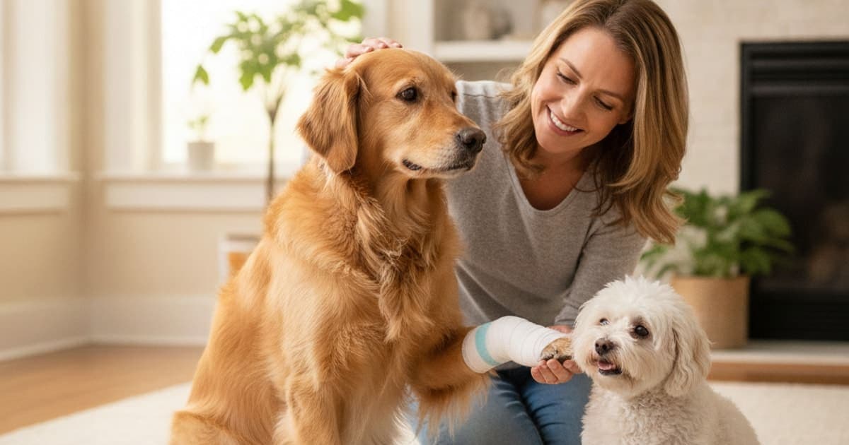 A dog being cared for at home, illustrating is toe injury in dogs painful? (what owners should know)