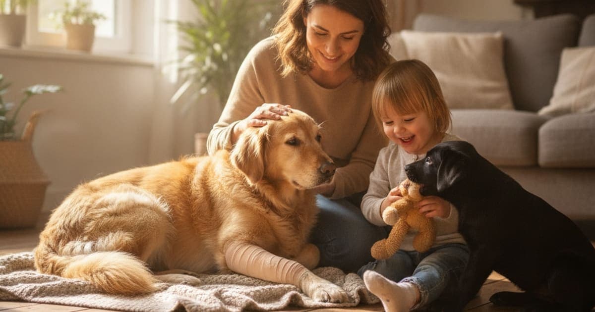 A dog being cared for at home, illustrating is torn acl in dogs painful? (signs owners miss)