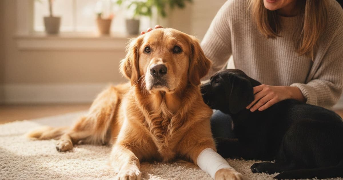 A dog being cared for at home, illustrating is torn ligament in dogs painful? (what owners notice)