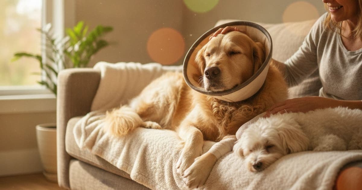 A dog being cared for at home, illustrating is tplo recovery in dogs painful? (what to expect)