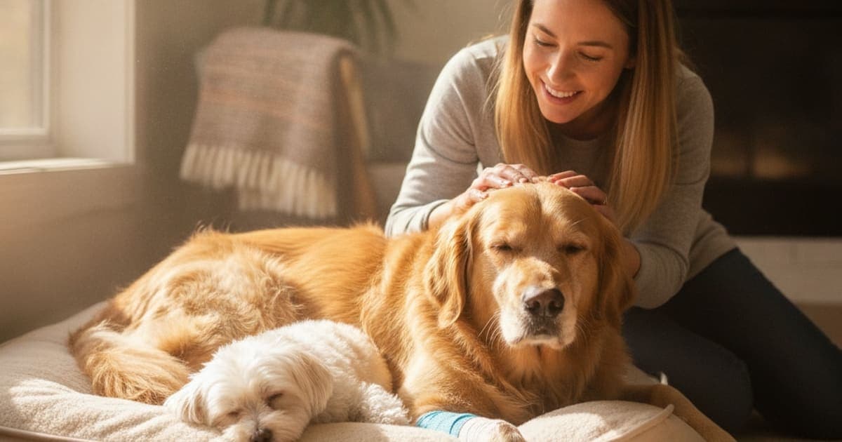 A dog being cared for at home, illustrating is tplo surgery recovery in dogs painful? (what to expect)