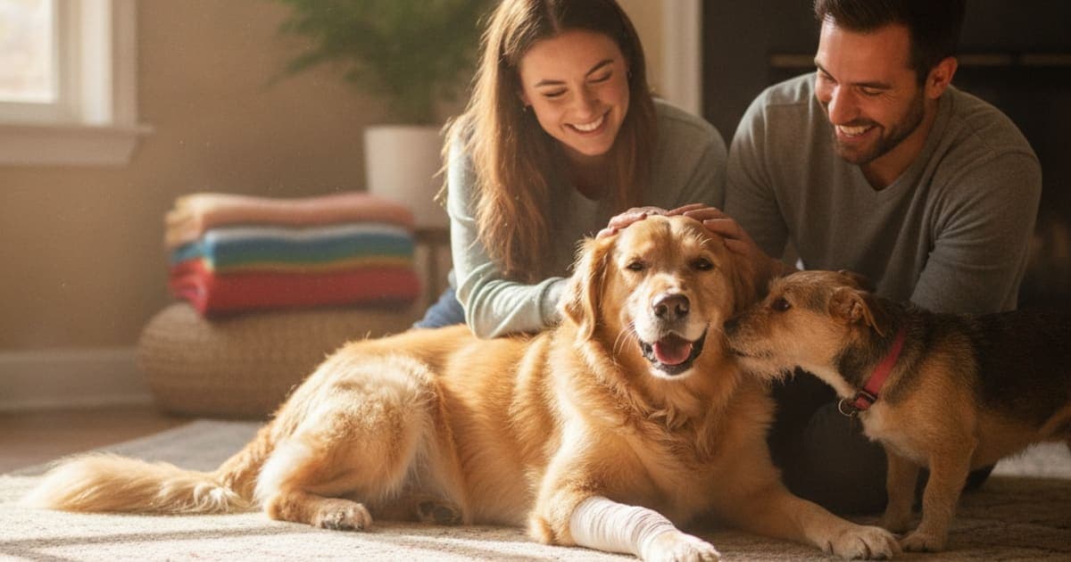 A dog being cared for at home, illustrating is wound healing in dogs painful? (what owners should know)
