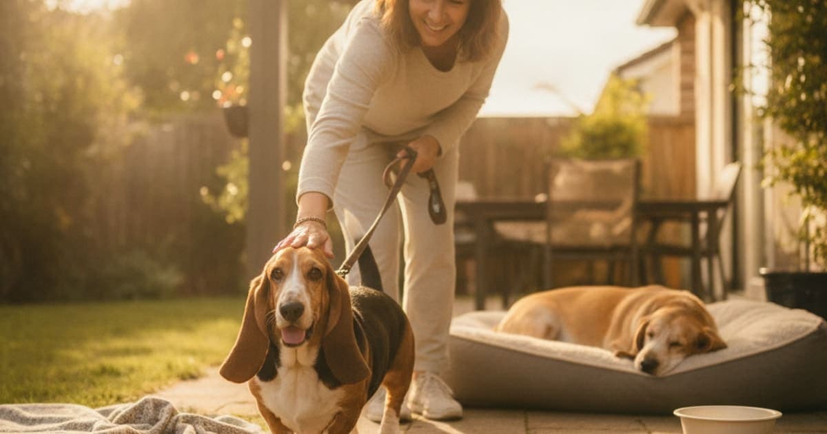 A dog being cared for at home, illustrating joint support for basset hounds