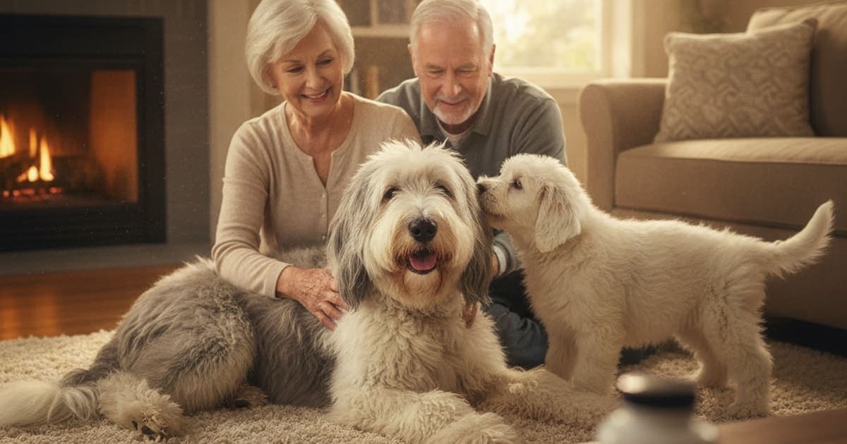 A dog being cared for at home, illustrating joint support for old english sheepdogs: what helps