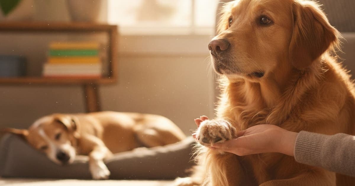 A dog being cared for at home, illustrating joint effusion in dogs: signs, causes and what helps