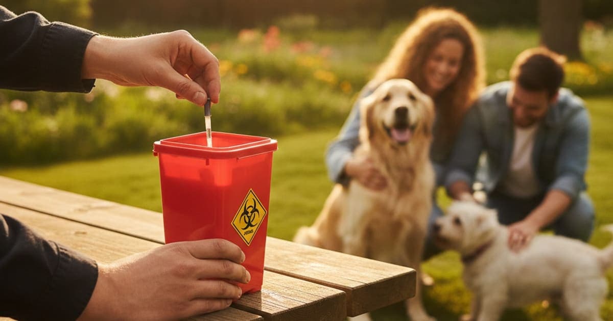 A dog being cared for at home, illustrating k9-repair: disposing of needles safely at home