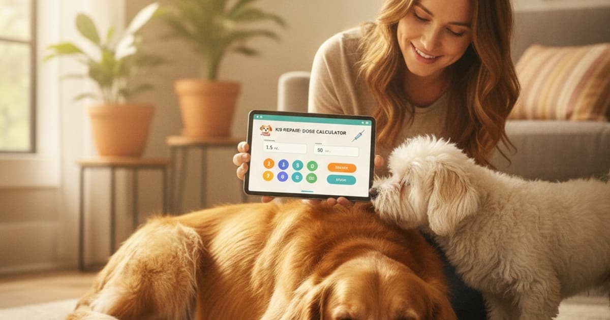 A dog being cared for at home, illustrating k9-repair dose calculator: how weight-based dosing works