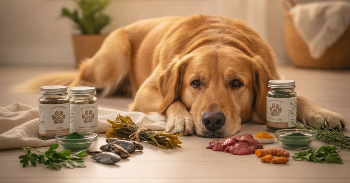 A dog being cared for at home, illustrating k9-repair dose for large dogs