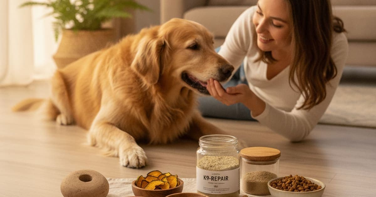 A dog being cared for at home, illustrating k9-repair for chronic diarrhea in dogs: does it work