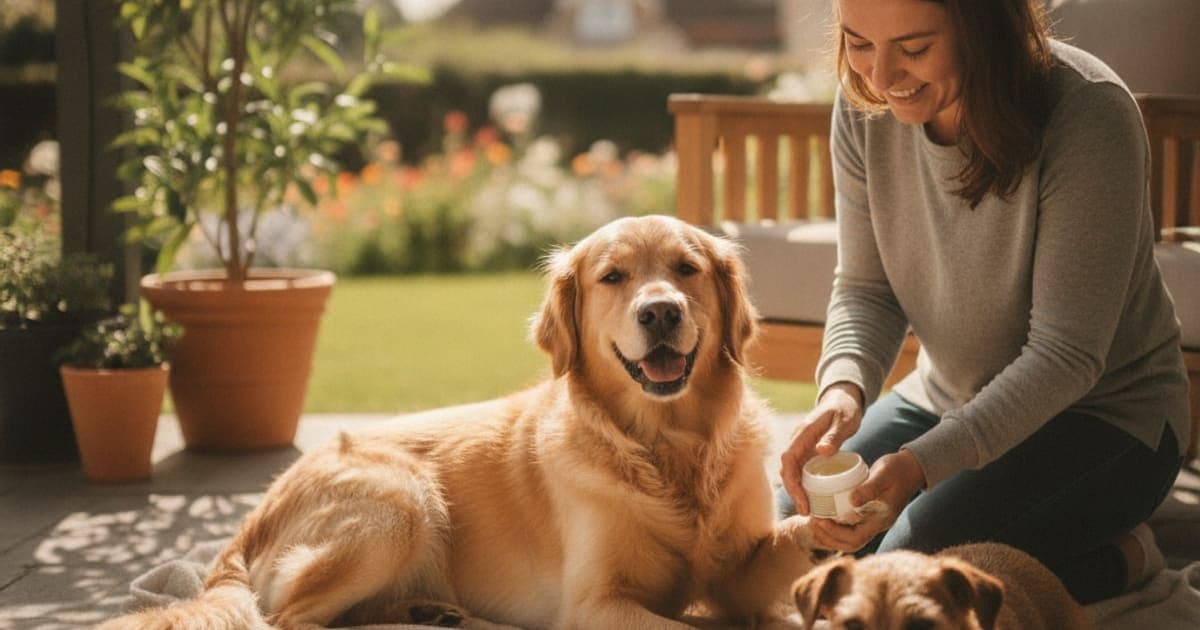 A dog being cared for at home, illustrating k9-repair for indoor dogs: joint and tendon support