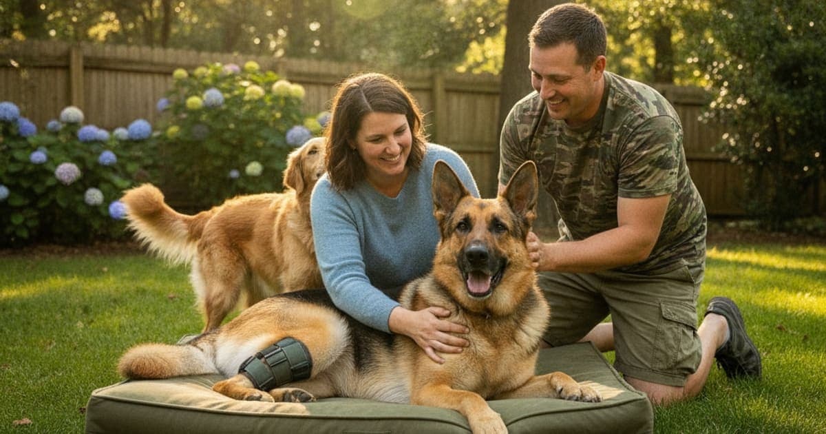 A dog being cared for at home, illustrating k9-repair for military working dogs