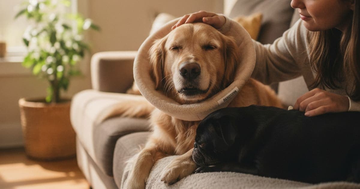 A dog being cared for at home, illustrating does k9-repair help dogs recover after surgery