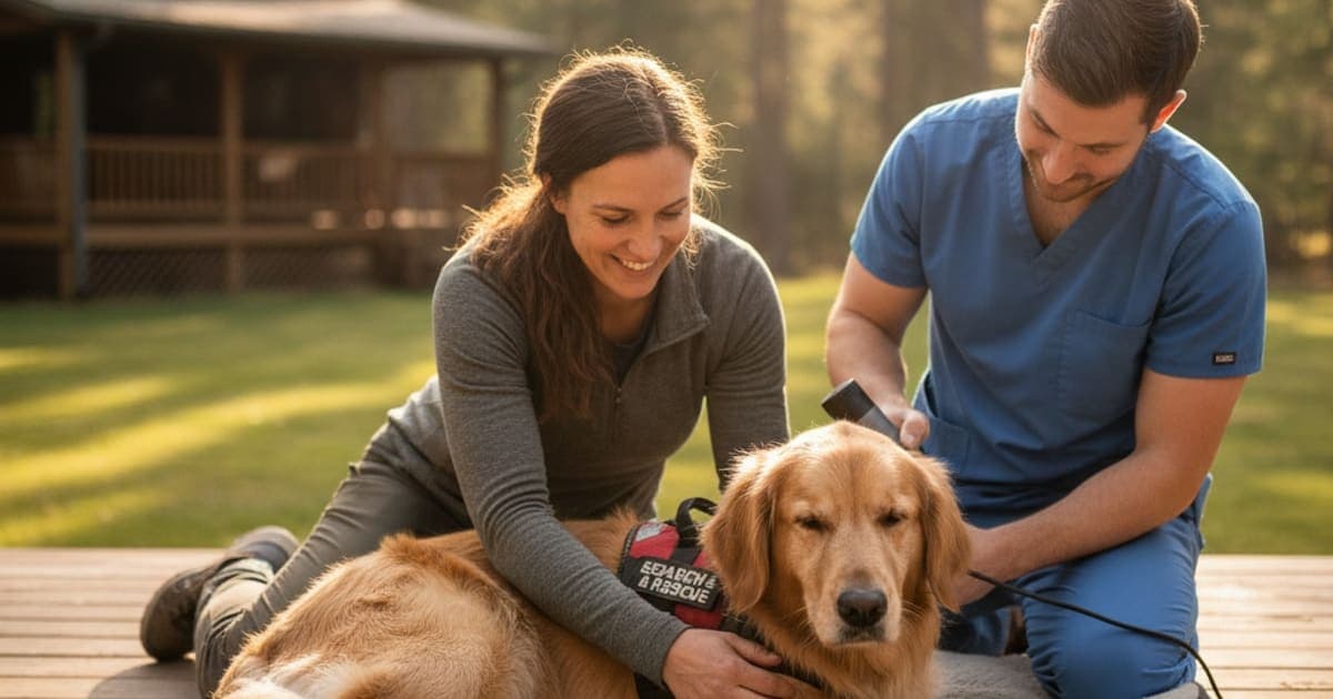 A dog being cared for at home, illustrating k9-repair for search and rescue dogs