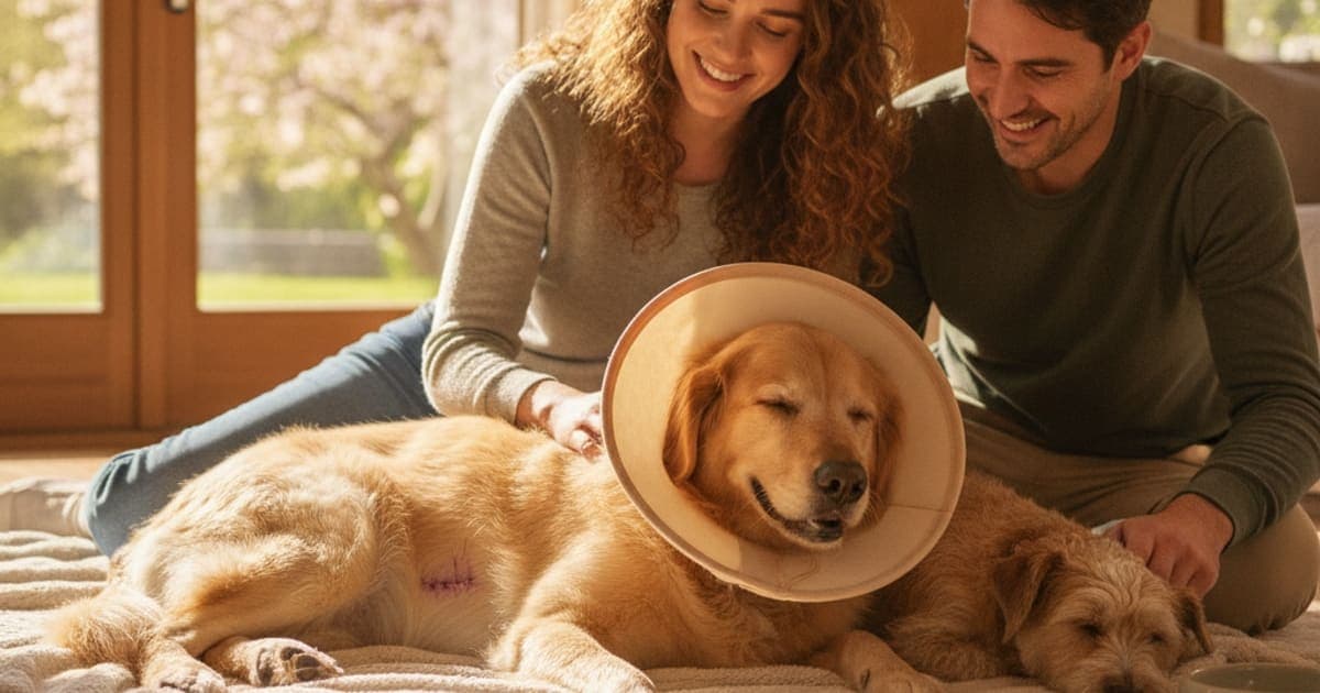 A dog being cared for at home, illustrating k9-repair for spay recovery in dogs: does it work