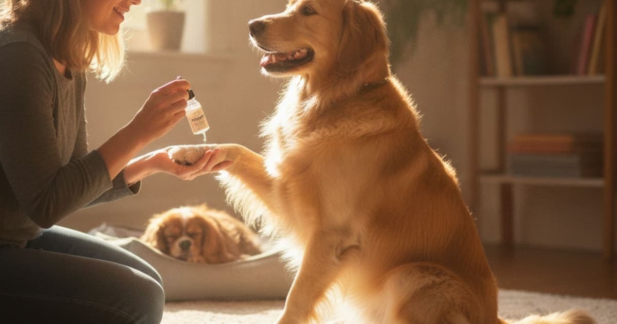 A dog being cared for at home, illustrating k9-repair for toe injury in dogs: does it work