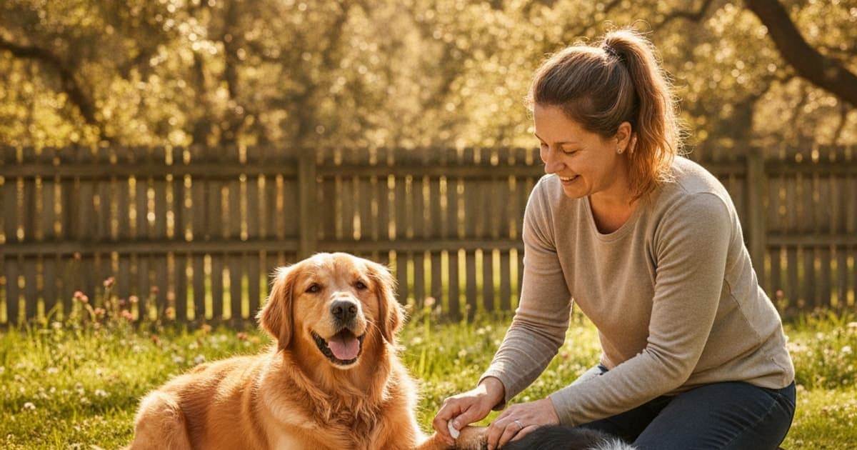 A dog being cared for at home, illustrating k9-repair for working dogs: joint & tendon support