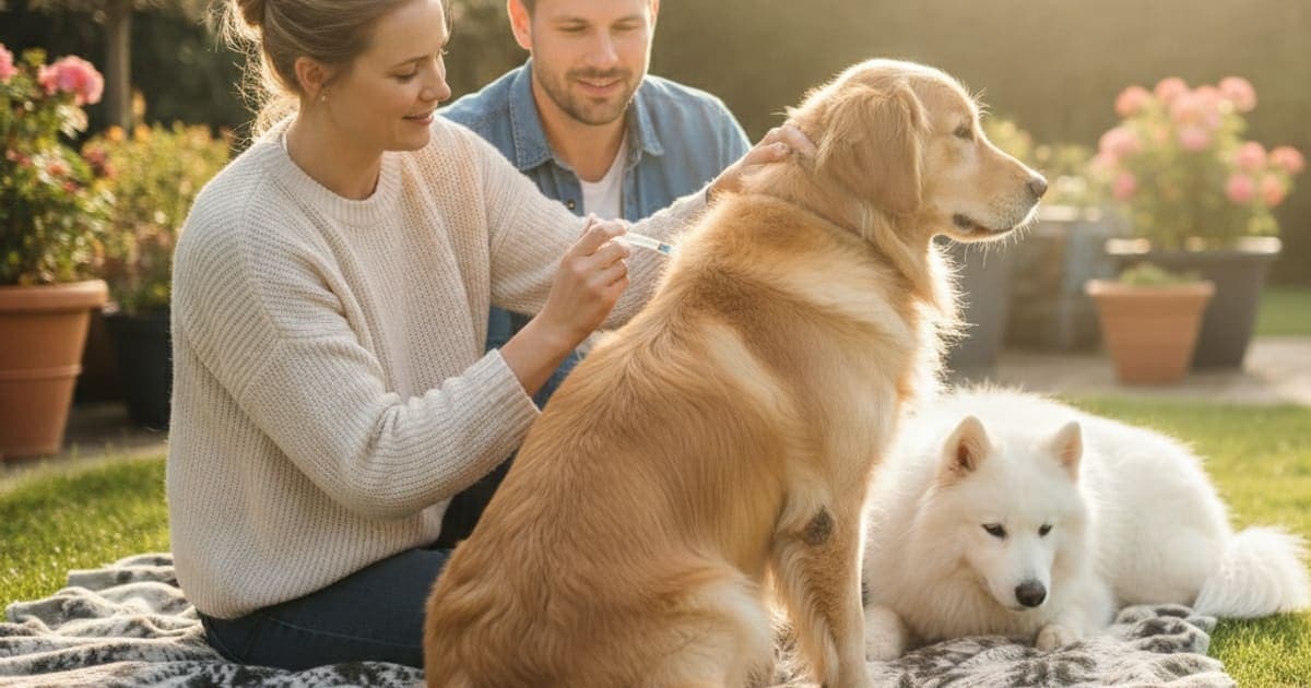 A dog being cared for at home, illustrating k9-repair: injecting a large dog alone