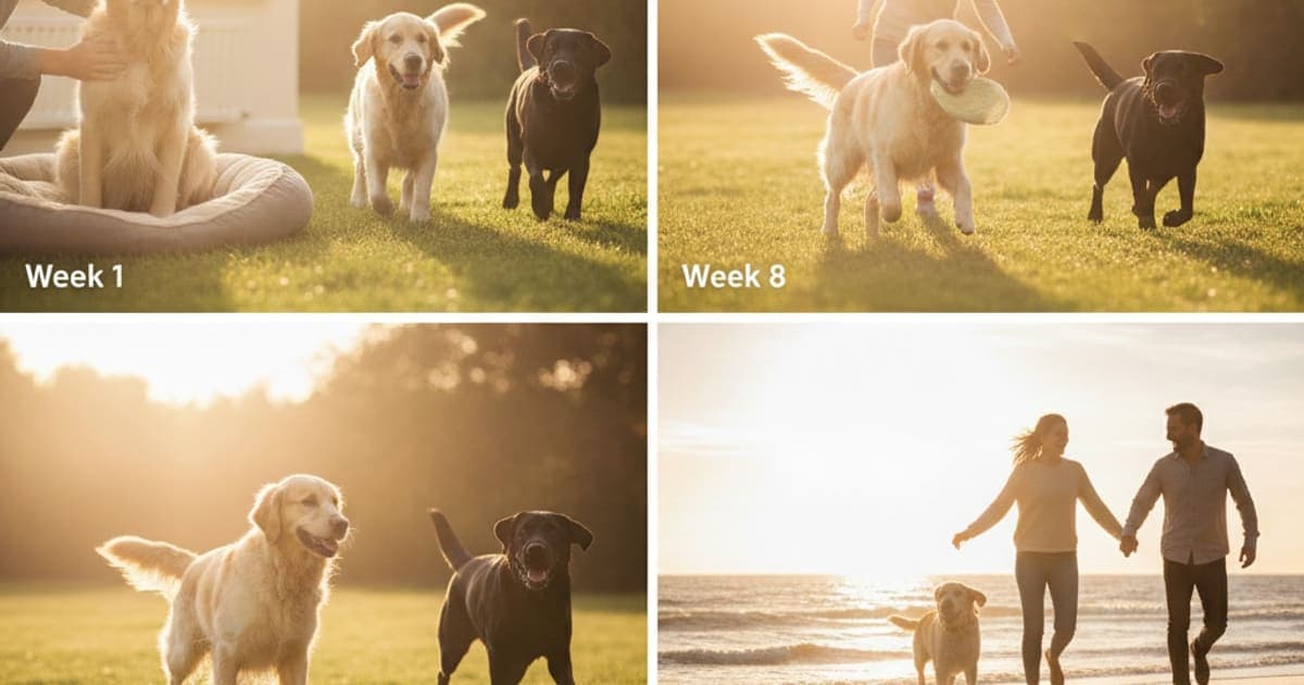 A dog being cared for at home, illustrating k9-repair results timeline: what to expect week by week