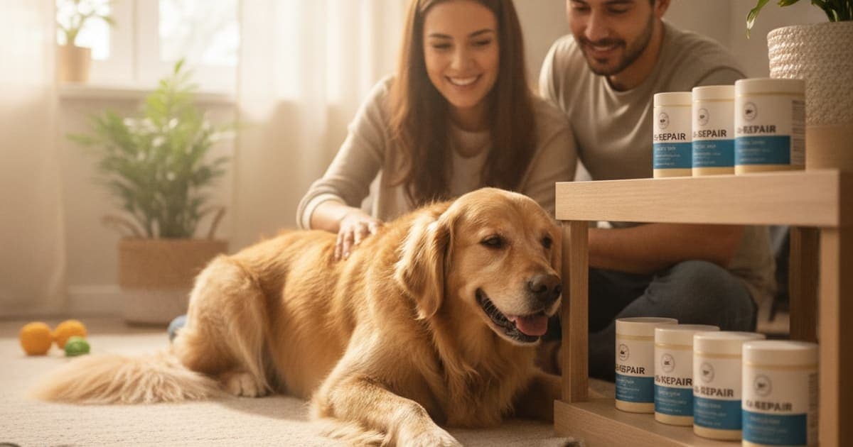 A dog being cared for at home, illustrating k9-repair shelf life