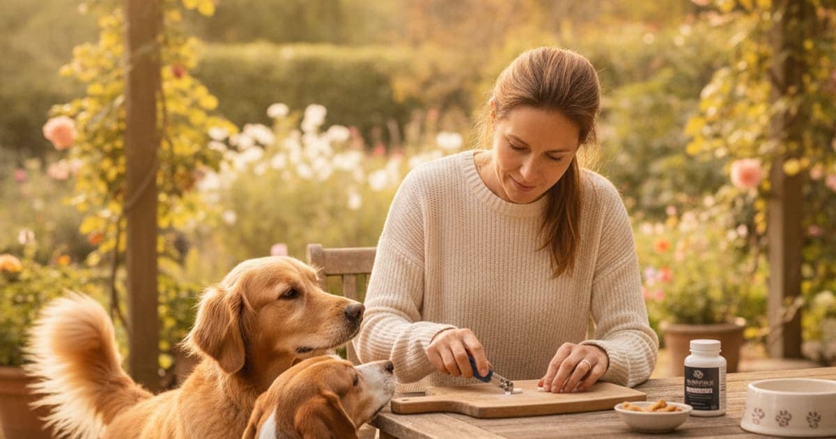 A dog being cared for at home, illustrating k9-repair: splitting doses
