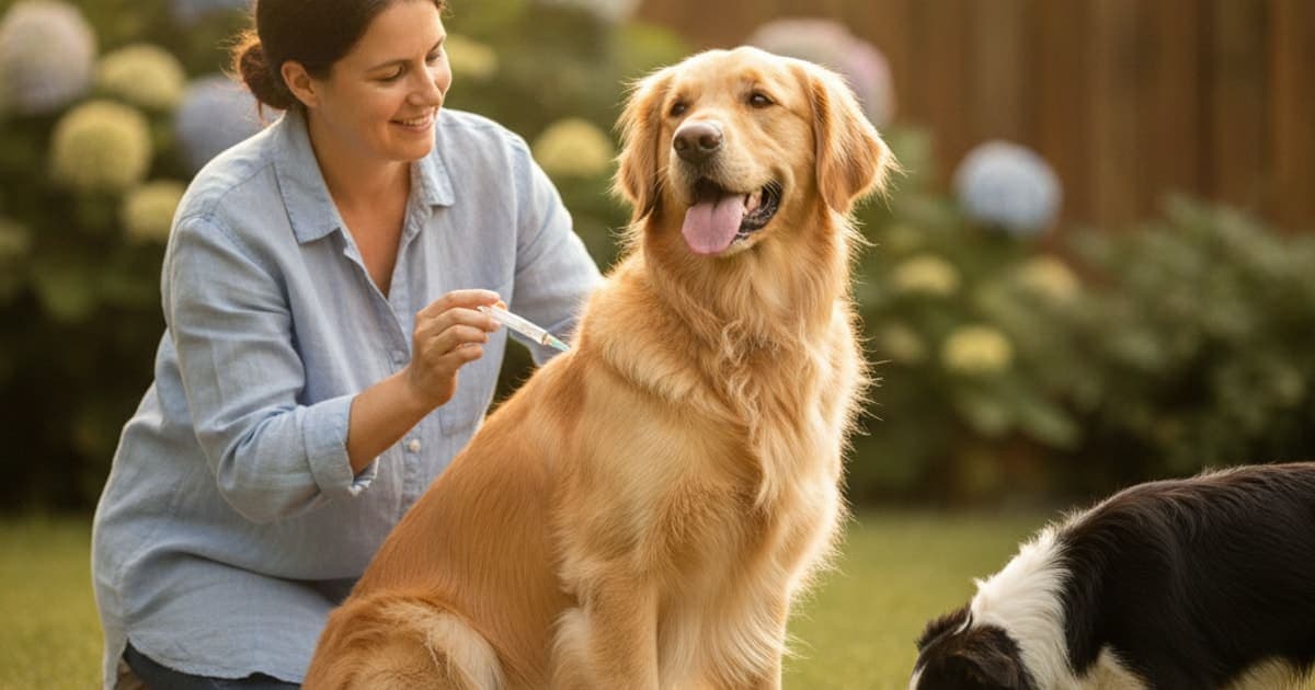 A dog being cared for at home, illustrating k9-repair subcutaneous injection