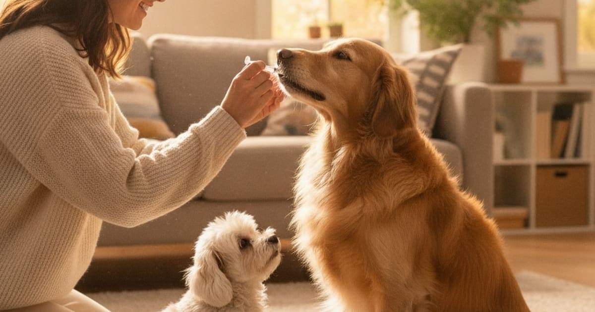 A dog being cared for at home, illustrating k9-repair syringe size