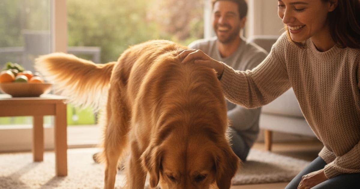 A dog being cared for at home, illustrating k9-repair timing with meals