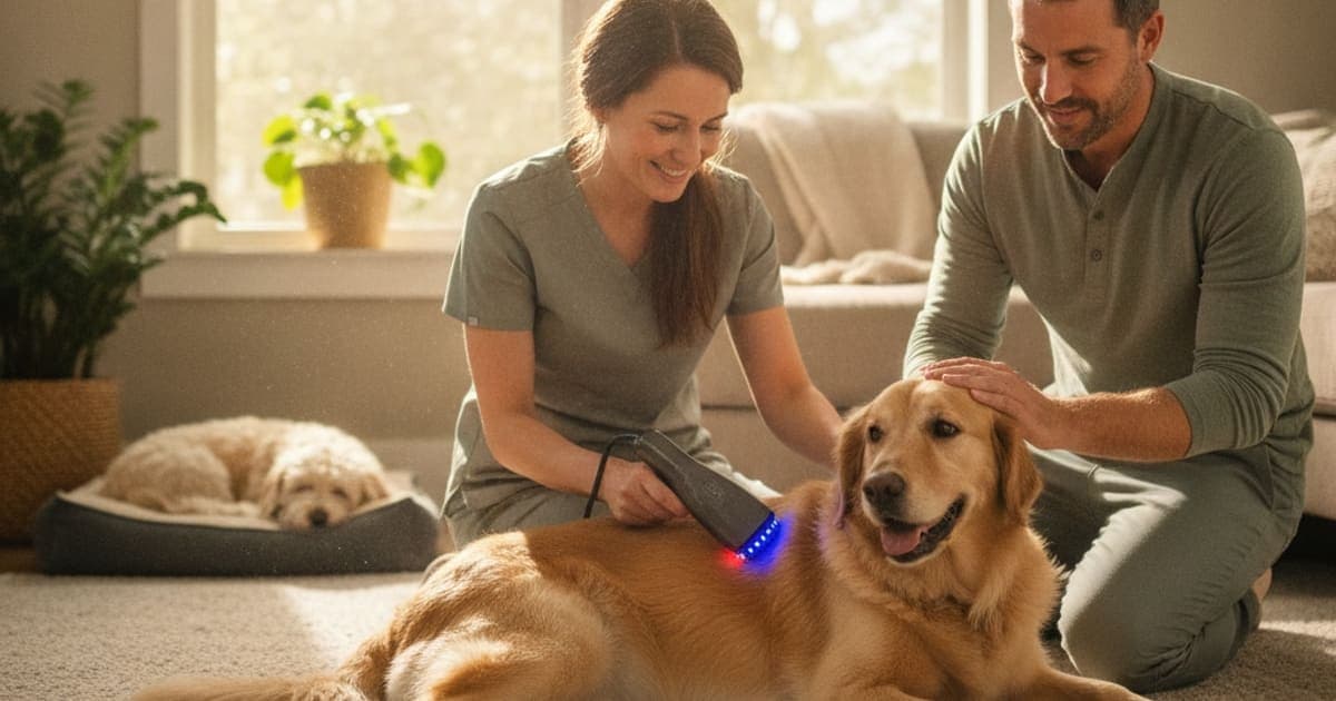 A dog being cared for at home, illustrating k9-repair vs laser therapy: which works better