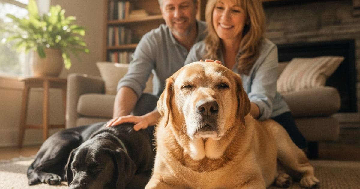 A dog being cared for at home, illustrating labrador joint problems: signs, causes and care options