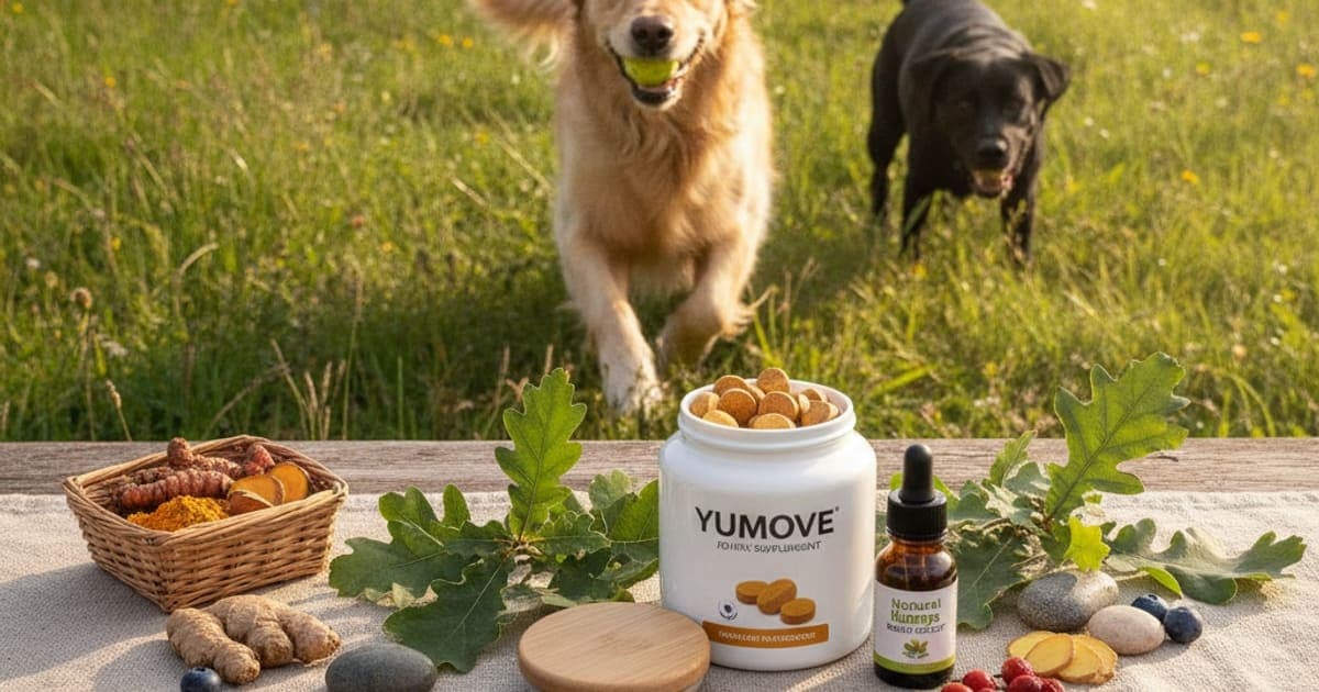 A dog being cared for at home, illustrating lintbells yumove dog joint supplement: what it does